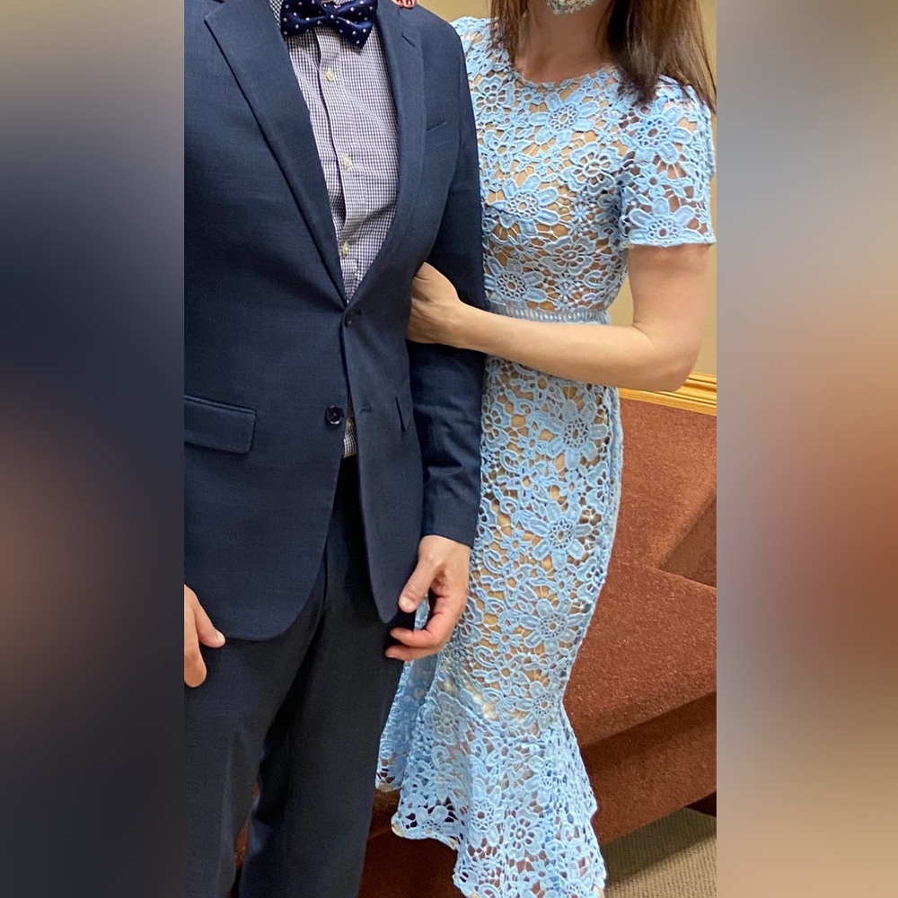 Chic Blue Lace Midi Dress Self Portrait vibes